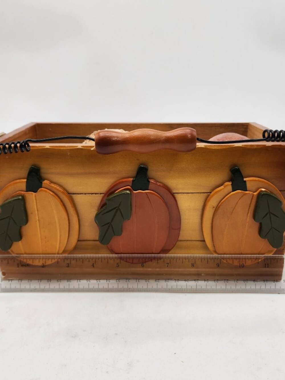 Rustic Wooden Pumpkin Basket With Sugared Gourds & Wire Handle - Picture 7 of 7